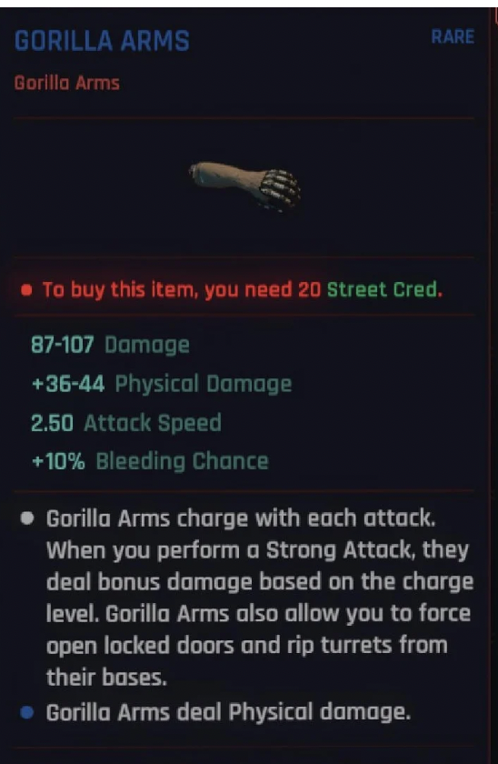 Screenshot of the Gorilla Arms from Cyberpunk 2077. 