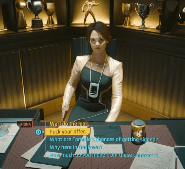 Screenshot of Fiona Varga from Cyberpunk 2077. 