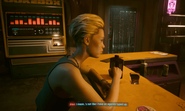 Alex drinking in Cyberpunk 2077 Phantom Liberty.