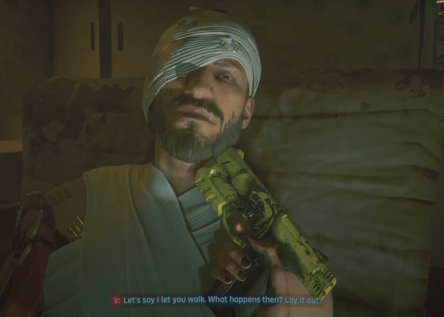 Screenshot of a gun to the head of the character Rinder from Cyberpunk 2077