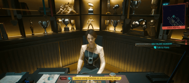 Fiona making her offer, sitting at a table, surrounded by trophies, in Cyberpunk 277 Phantom Liberty. 
