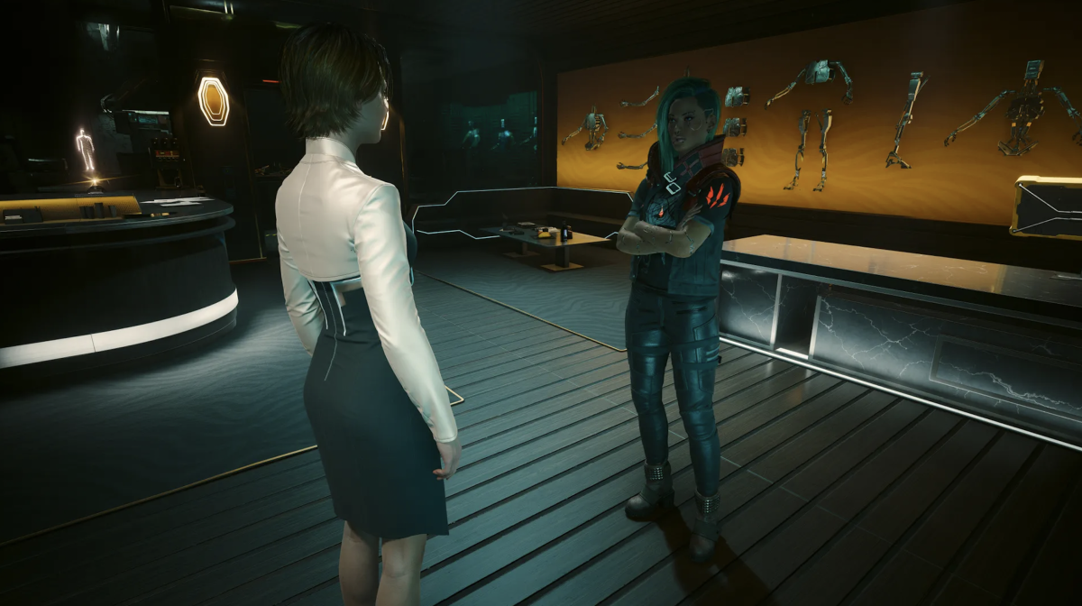 A female V talks to Fiona at the end of the Talent Academy quest in Cyberpunk 2077 Phantom Liberty.