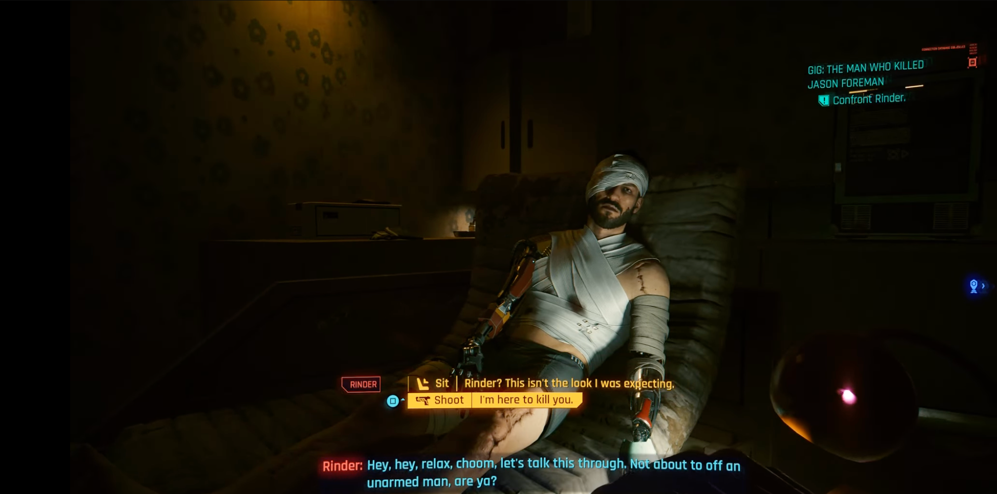 Screenshot of V talking to Rinder, a man in heavy bandages, at the end of the The Man Who killed Jason Foreman quest. 