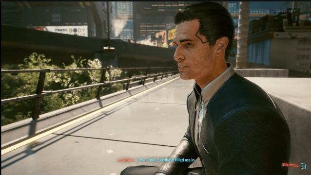The player talking to Jefferson on a park bench in the Dream On quest in Cyberpunk 2077: Phantom Liberty.