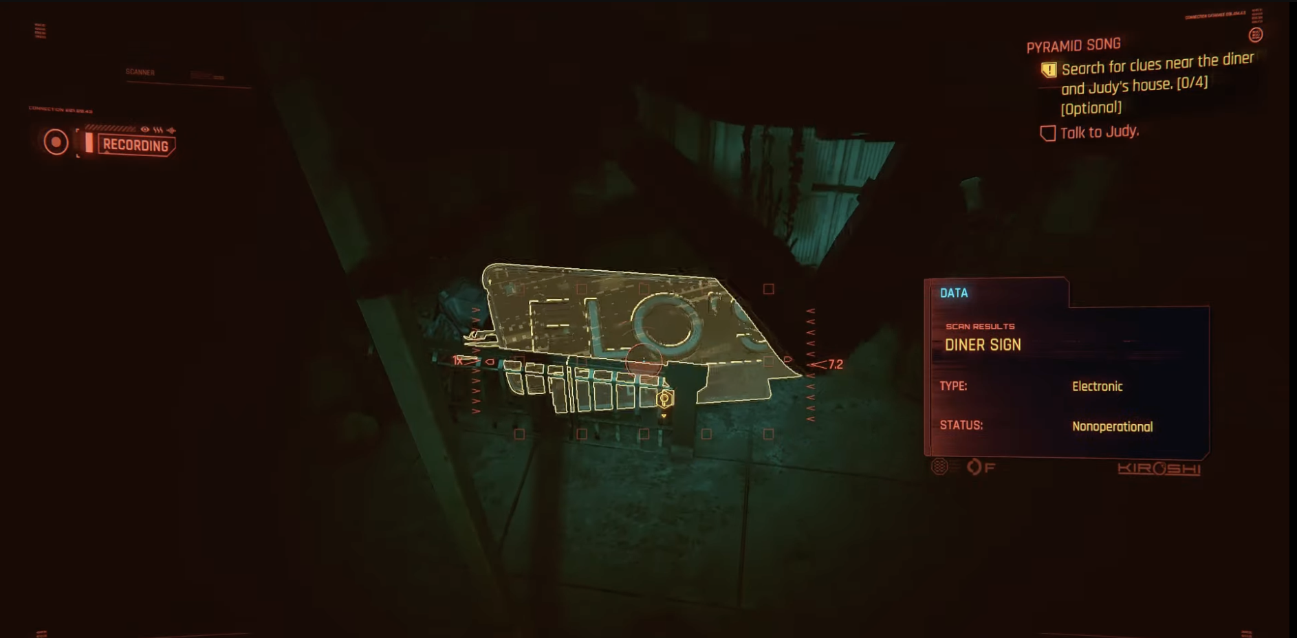 The Flo's Diner sign from the Pyramid Song mission, highlighted yellow because the player is scanning it. 