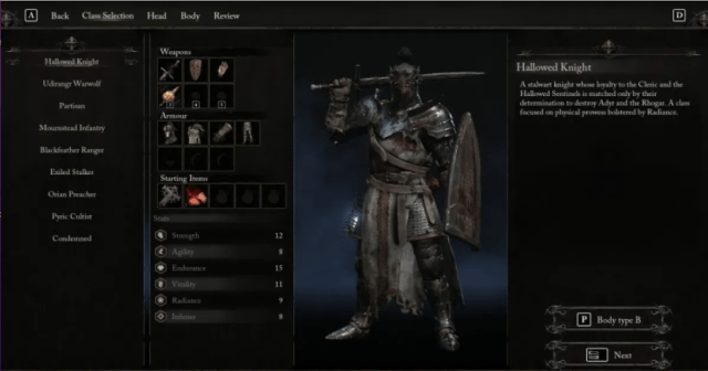 Info for the Hallowed Knight starting class from Lords of the Fallen.