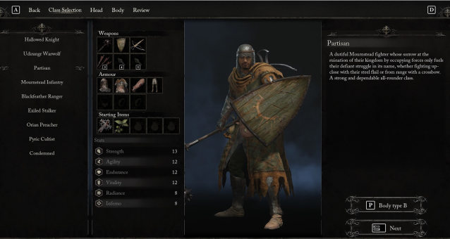 Info for the Partisan class from Lords of the Fallen.