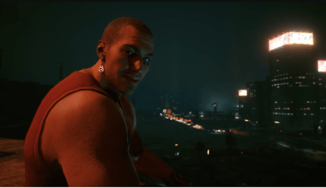 River Ward from Cyberpunk 2077 in the "Following the River" mission, sitting on top of the Water Tower.