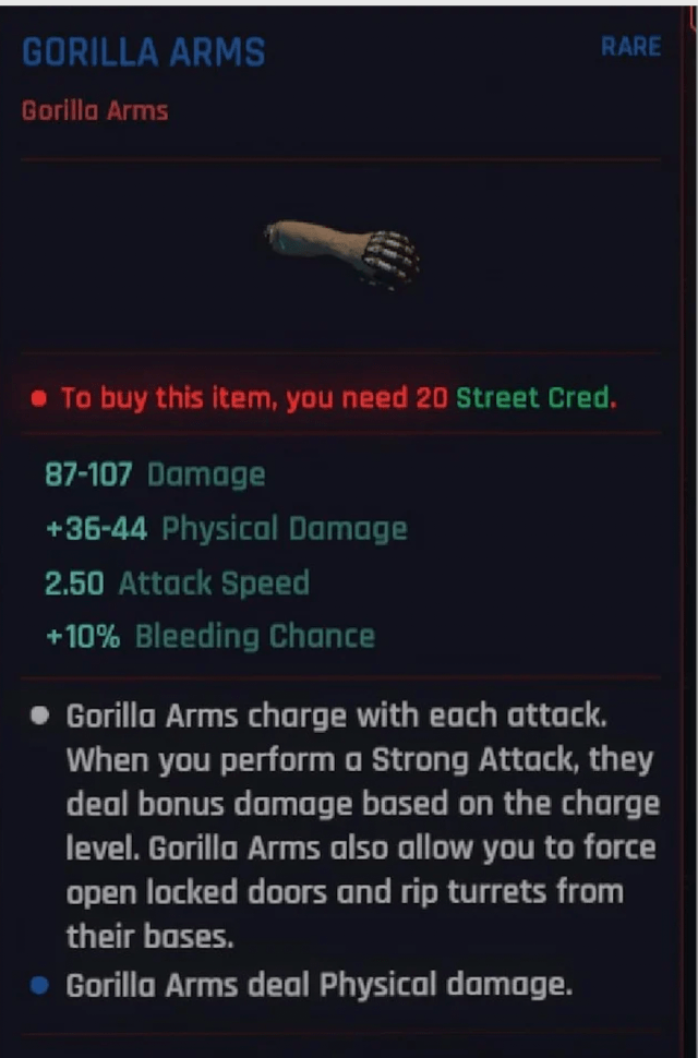 Description page for the Gorilla Arms Cyberware from Cyberpunk 2077. 