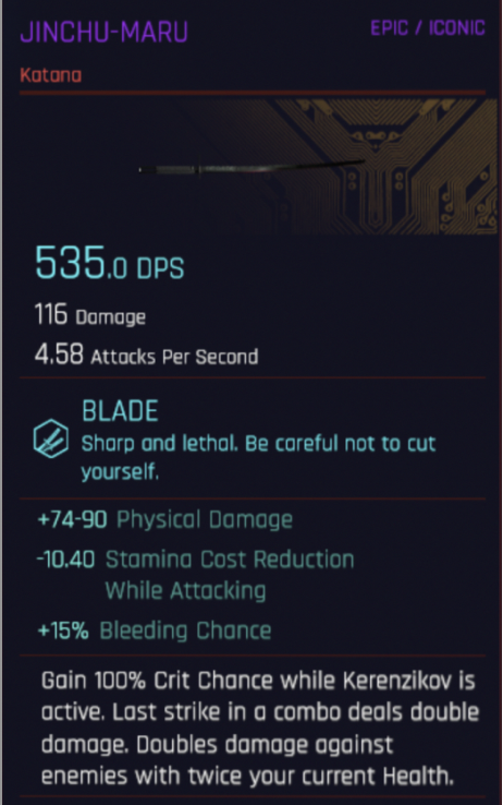 Description page for the Jinchu Maru Katana from Cyberpunk 2077. 