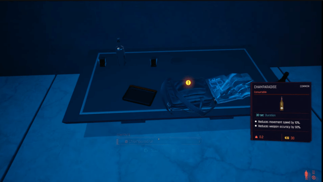 A TV tray in a dark room in Cyberpunk 2077. 