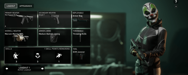 Displays the loadout customization menu in Payday 3. A female human model stands on the right side of the screen wearing a green clown mask.