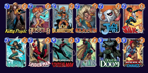 Marvel Snap deck consisting of Kitty Pryde, Angela, Elsa Bloodstone, Kraven, Jeff the Baby Land Shark, SIlk, Wave, Spider-Man, Miles Morales, Vision, Doctor Doom, and America Chavez. 