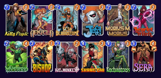 Marvel Snap deck consisting of Kitty Pryde, Angela, Elsa Bloodstone, Jeff the Baby Land Shark, Scarlet Witch, Mobius M. Mobius, Mysterio, Bishop, Hit-Monkey, Shang-Chi, Enchantress, and Sera. 