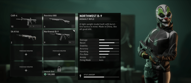 image displays the loadout customization menu in Payday 3.