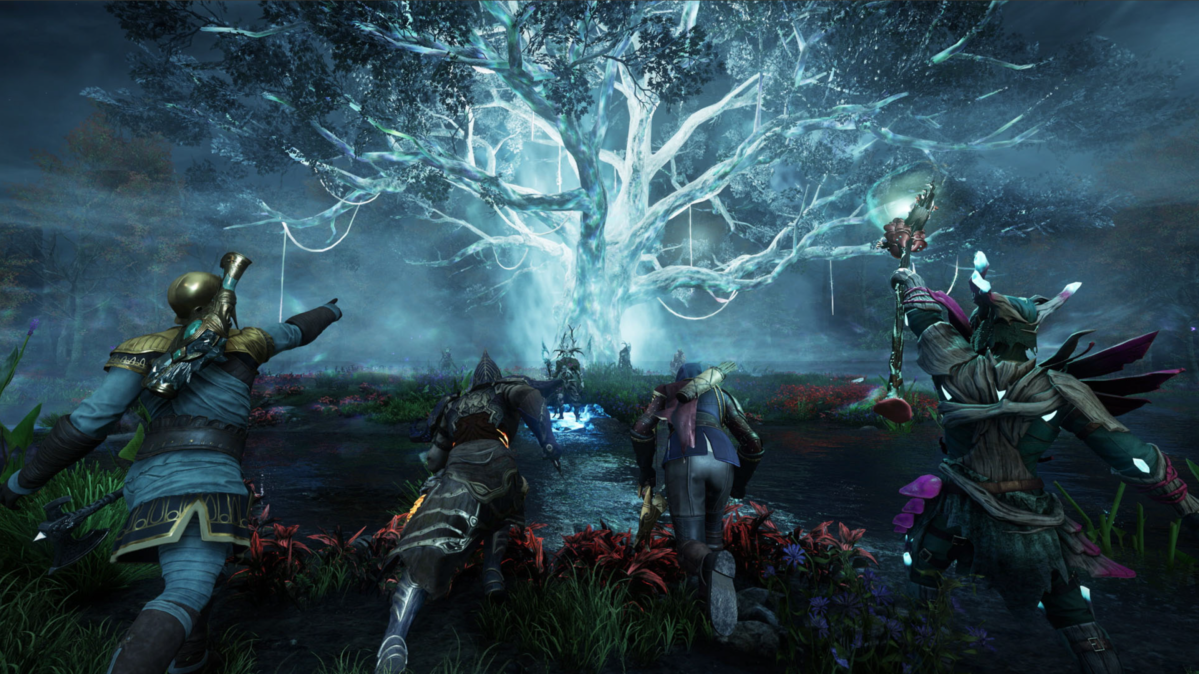 New World characters approach a glowing blue tree.