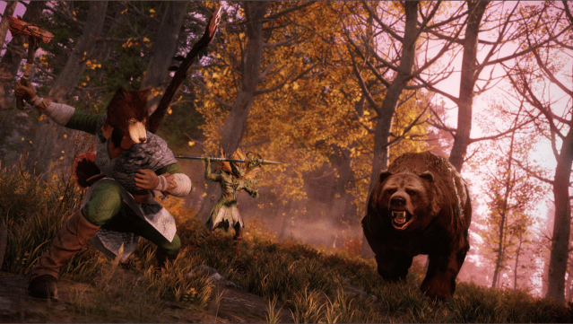 Players hunting a bear in New World.