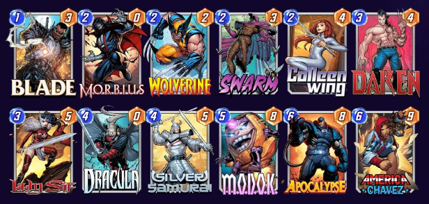 Marvel Snap deck consisting of Blade, Morbius, Wolverine, Swarm, Colleen Wing, Daken, Lady Sif, Dracula, Silver Samurai, MODOK, Apocalypse, and America Chavez.