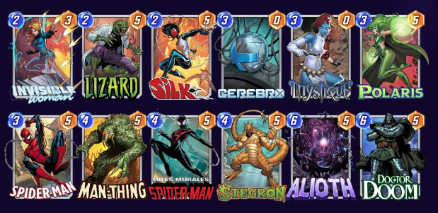 Marvel Snap deck consisting of Invisible Woman, Lizard, Silk, Cerebro, Mystique, Polaris, Spider-Man, Man-Thing, Miles Morales, Stegron, Alioth, and Doctor Doom. 