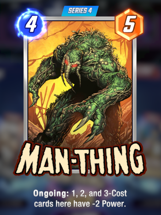 Man-Thing card, while showing his body structure made of swamp-like vines
