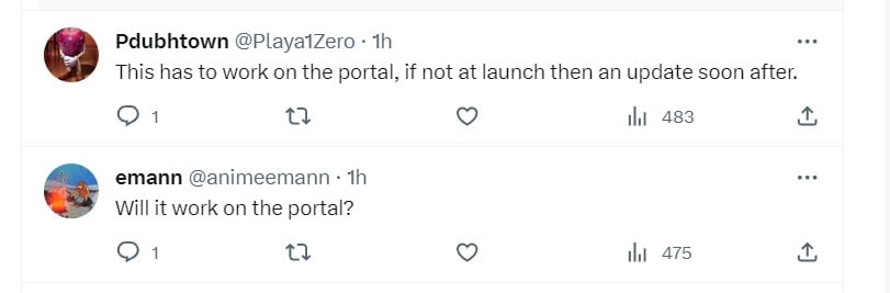 Captura de pantalla de Twitter de dos respuestas que piden si la transmisión en nube funcionará en el Portal