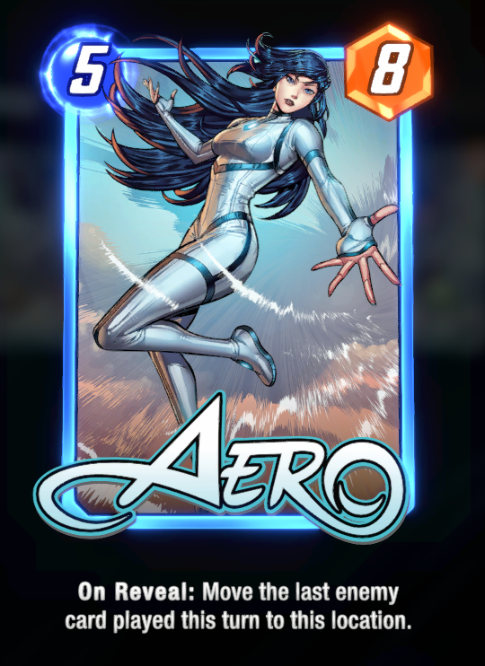 Aero card, wearing her silver costume while controlling the wind. 