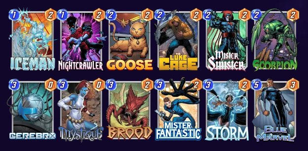 Marvel Snap deck consisting of Iceman, Nightcrawler, Goose, Hazmat, Luke Cage, Mister Sinister, Cerebro, Mystique, Brood, Mister Fantastic, Storm, and Blue Marvel.