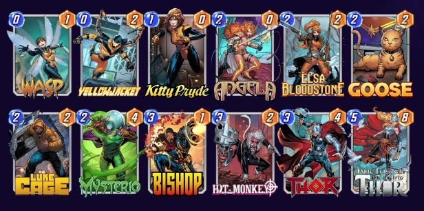 Marvel Snap deck consisting of Wasp, Yellowjacket, Kitty Pryde, Angela, Elsa Bloodstone, Goose, Luke Cage, Mysterio, Bishop, Hit-Monkey, Thor, and Jane Foster. 