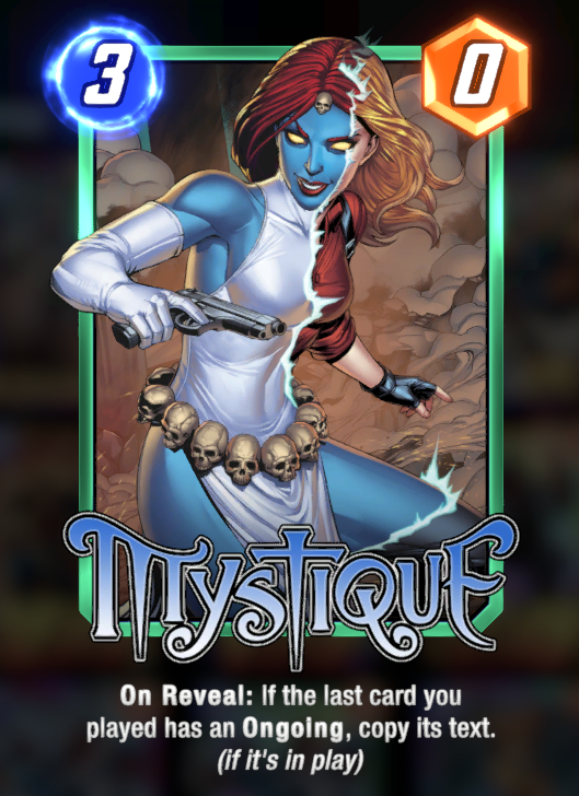 Mystique card, using her powers and holding a gun