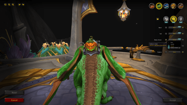 Windborne Velocidrake in the Rostrum of Transformation in WoW Dragonflight featuring the Hallow's End pumpkin armor. 