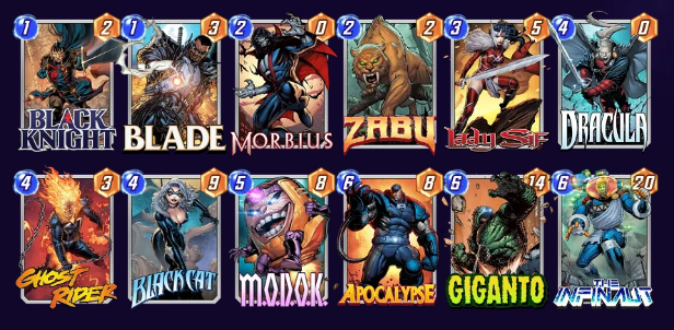 Marvel Snap deck consisting of Black Knight, Blade, Morbius, Zabu, Lady Sif, Dracula, Ghost Rider, Black Cat, MODOK, Apocalypse, Giganto, and The Infinaut.