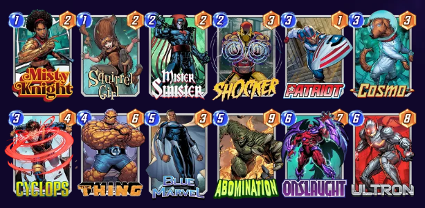 Marvel Snap deck consisting of Misty Knight, Squirrel Girl, Mister Sinister, Shocker, Patriot, Cosmo, Cyclops, The Thing, Blue Marvel, Abomination, Onslaught, and Ultron.