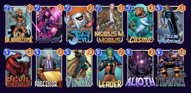 Marvel Snap deck consisting of Elsa Bloodstone, Psylocke, Jeff, Cosmo, Blue Marvel, Devil Dinosaur, Professor X, Vision, Leader, Alioth, and Thanos. 