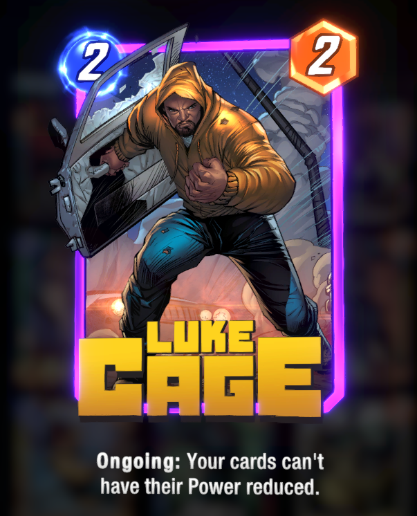 Luke Cage card, wearing his hoodie and holding a broken car door.