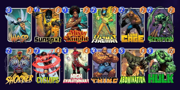 Marvel Snap deck consisting of Wasp, Sunspot, Misty Knight, Hazmat, Luke Cage, Scorpion, Shocker, Cyclops, High Evolutionary, The Thing, Abomination, and Hulk.