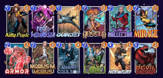Marvel Snap deck consisting of Kitty Pryde, Nico Minoru, Quinjet, The Collector, Mirage, Armor, Mobius M. Mobius, Agent Coulson, Loki, Nick Fury. and Devil Dinosaur