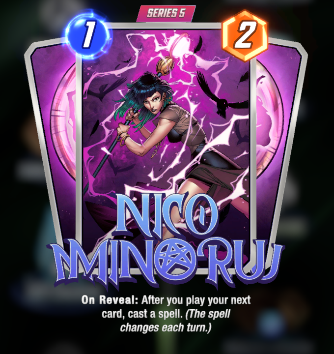 Nico Minoru card, holding her staff and casting a spell 