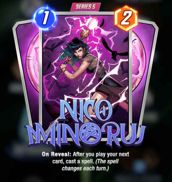 Nico Minoru card, holding her staff and casting a spell