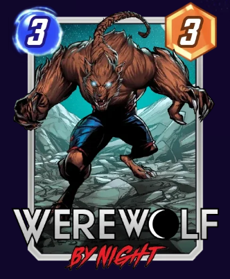 Werewolf by Night card, showing his glowing eyes and brown, furry skin. 