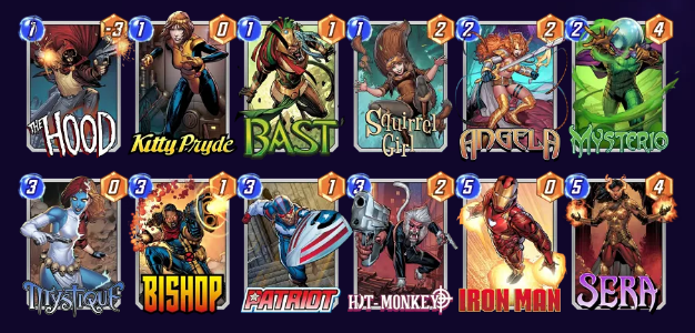 Marvel Snap deck consisting of Hood, Kitty Pryde, Bast, Squirrel Girl, Angela, Mysterio, Mystique, Bishop, Patriot, Hit-Monkey, Iron Man, and Sera.