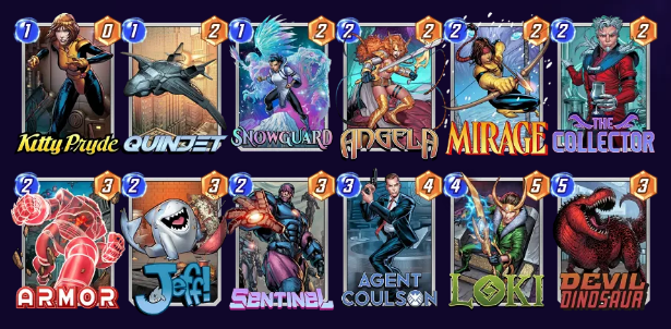 Marvel Snap deck consisting of Kitty Pryde, Quinjet, Snowguard, Angela, Mirage, The Collector, Armor, Jeff the Baby Land Shark, Sentinel, Agent Coulson, Loki, and Devil Dinosaur.