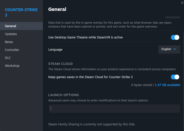Screenshot of the Launch Options section within the Steam settings for Counter-Strike 2.