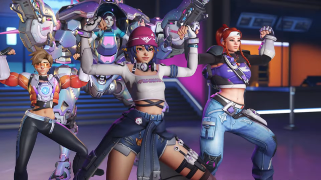 Kiriko, Brigitte, Tracer, and D.Va dance a routine.