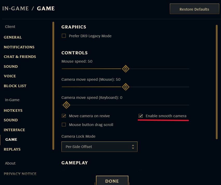 Screenshot of the 'Game' settings in League of Legends showing the Enable Smooth Camera option.