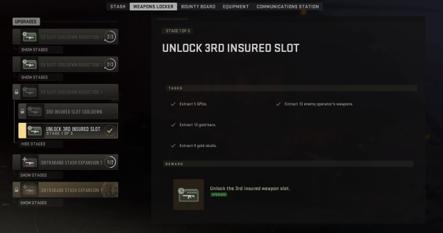 The menu screen for an insured weapon unlock requirement in DMZ.