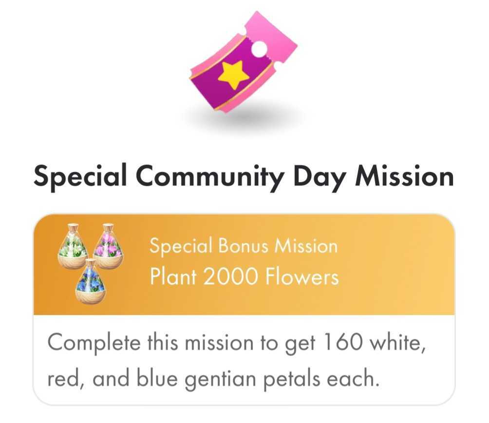 A screenshot of the Special Community Day Ticket and the reward it offers of 160 gentian petals in white, red and blue.