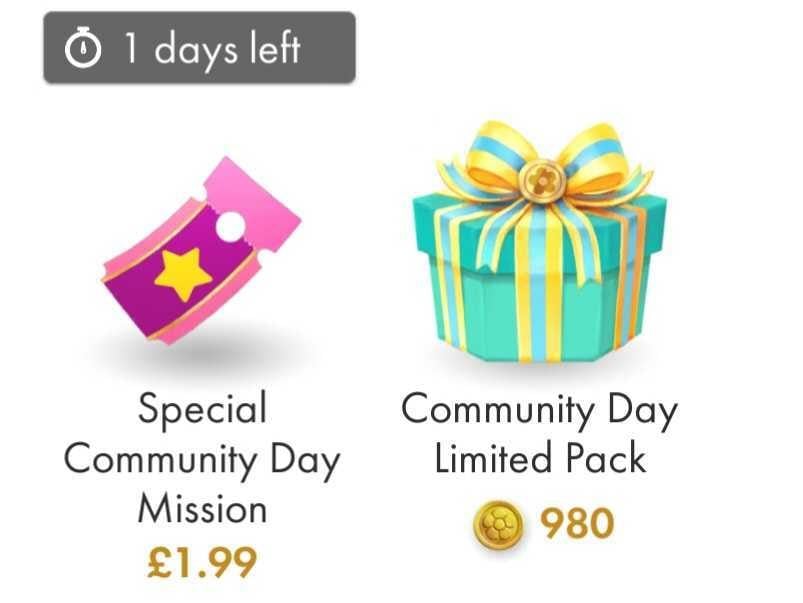 A screenshot of the Special Community Day Mission ticket and the Community Day Limited Pack in the Pikmin Bloom Store