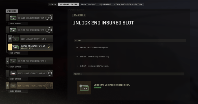 The menu screen for an insured weapon unlock requirement in DMZ.