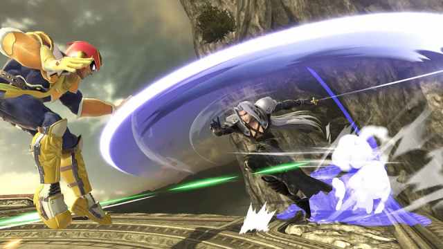 Sephiroth slashing at Captain Falcon in Super Smash Bros. Ultimate.