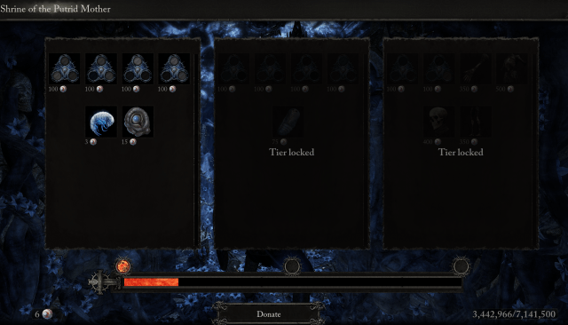A scnreeshot from Lords of the Fallen showing a black menu. A red bar at the bottom shows that the Shrine of the Putrid Mother is only at tier one.